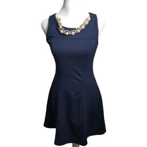 BELLA D Navy Blue Fit & Flare Party Dress Sz Small Pearl Necklace Glam Coquette